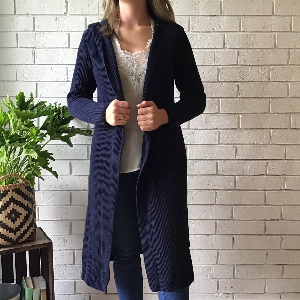 Blue Ribbed Cardigan Duster Long Sleeve Open Hood Lauren Ralph Lauren